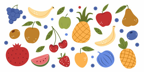 A vibrant collection of hand drawn fruits and berries scattered across a white background