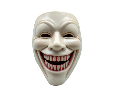 Creepy white plastic mask with exaggerated smile, sharp teeth, and hollow eyes, often used for festival, comedy, or party themes, isolated on transparent background