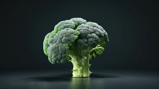 Freshly harvested broccoli stands upright on a dark surface highlighting its vibrant green color and unique texture