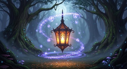 Mystical Lantern Illuminating a Dark Fantasy Forest.