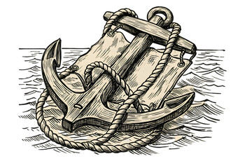 Vintage Nautical Illustration of Anchor with Rope and Waves on Transparent Background