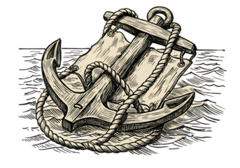 Vintage Nautical Illustration of Anchor with Rope and Waves on Transparent Background