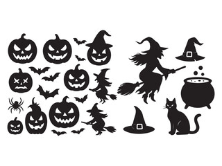 &ldquo;Spooky pumpkin and jack-o&rsquo;-lantern silhouette set with scary faces, bats, spiders, and witches for Halloween vector collection.&rdquo;