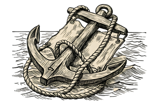 Vintage Nautical Illustration of Anchor with Rope and Waves on Transparent Background