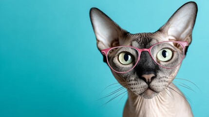 Cat wearing pink glasses is staring at the camera. The cat's eyes are wide open, and it is looking directly at the viewer. The image has a playful and whimsical mood