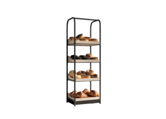 design of a three-layer wall shelf made from solid wood with a black frame, glass shelves, and a light oak color for displaying bakery products like isolated on a transparent background in PNG format.