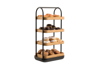 design of a three-layer wall shelf made from solid wood with a black frame, glass shelves, and a light oak color for displaying bakery products like isolated on a transparent background in PNG format.