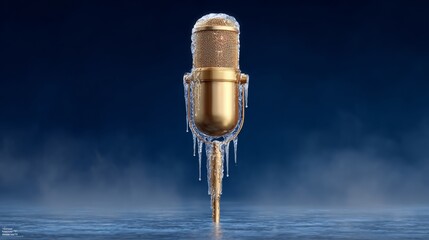 Microphone with ice on it is shown on a blue background. The microphone is frozen and he is in a foggy atmosphere