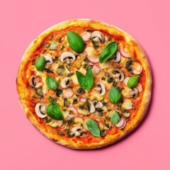A gourmet mushroom and basil pizza with melted cheese and a golden crust