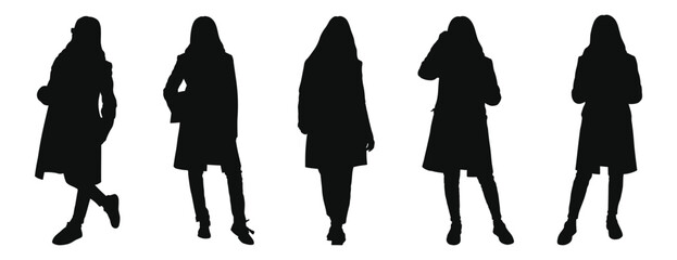 Teen girl silhouette set in winter coat, five standing poses, young woman clipart in solid black, vector illustration for fashion, retail catalogs, posters, and social media
