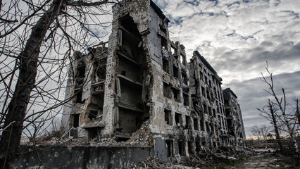 ruined street and destroyed houses the city war in Ukraine
