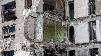 ruined street and destroyed houses the city Kiev war in Ukraine