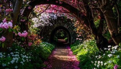 Flower-filled arched garden pathway
