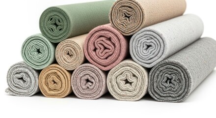 Neatly Stacked Rolls of Soft Fabric Textiles in Muted Earth Tones.