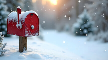 Red mailbox covered in snow in a winter landscape. 