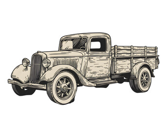 Vintage Pickup Truck Illustration Against a Transparent Black Background