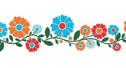 Vibrant floral border design featuring daisy-like flowers in a variety of bright colors