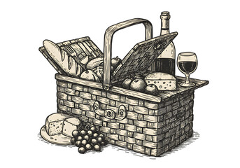 Vintage Picnic Basket Illustration with Food Wine and Isolated Background