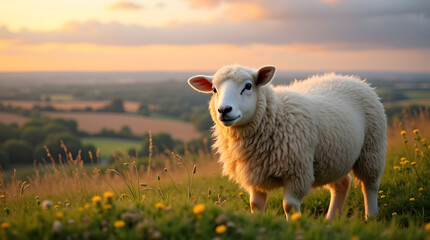 Obraz premium A fluffy sheep standing in a field with a sunset in the background. Rural landscape.