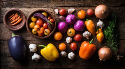Beautiful composition of fresh produce on rustic wood, great for farm-to-table concepts, gourmet magazines, or foodie social media.