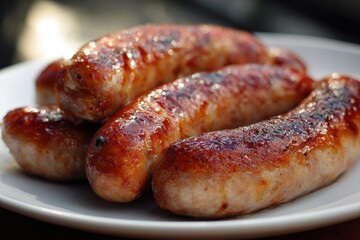 Plump grilled sausages with a golden brown slightly charred skin glistening on a white plate