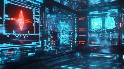 Futuristic control room monitoring brain activity and vital signs - Powered by Adobe