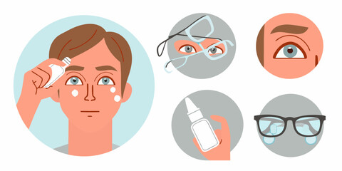 Man applying eye drops and skincare products with illustrations of eyes and glasses