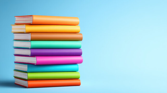 Colorful stack of notebooks against blue background, showcasing clean and modern flat lay design