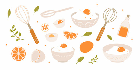 Whimsical kitchen scene with eggs oranges and baking utensils in a flat design style