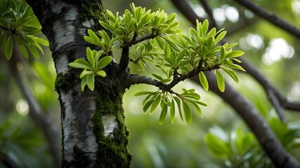 Obraz premium Fresh Green Leaves on Tree Branch