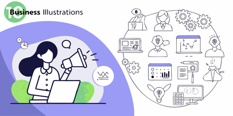 Business concept illustration with woman using megaphone and laptop and a network of business ideas and processes