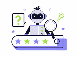 Friendly robot character examining customer feedback and reviews with a magnifying glass and question marks