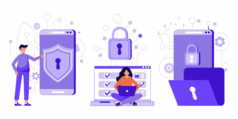 Digital security and data protection concept with people interacting with devices and locks