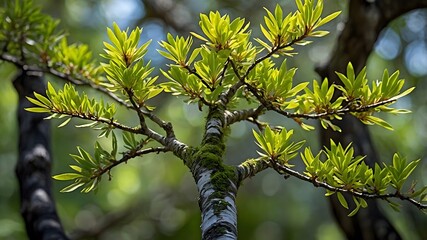 Fototapeta premium Sunlit Tree Branch with Green Leaves