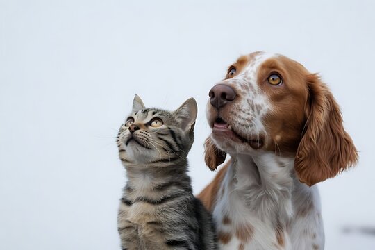 Closeup of a brittany spaniel and tabby cat looking up against white background