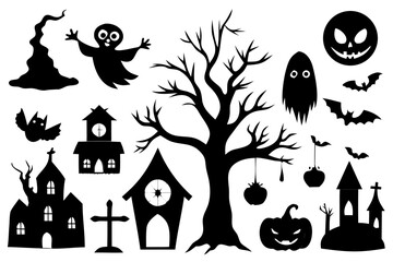 Halloween silhouettes of spooky elements and haunted buildings