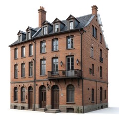 Fototapeta premium European brick building with dormers isolated on white background