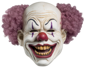 Creepy clown mask with exaggerated smile, large red nose, purple curly hair, and dramatic makeup, ultra realistic and humorous, perfect for Halloween or costume party