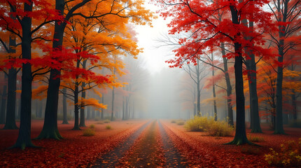 A captivating autumn scene with a path leading through a forest of trees displaying vibrant red and orange foliage, shrouded in a mystical fog.