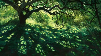Sunlight streams through the branches of a large tree, casting dappled shadows on the ground in a serene and peaceful forest setting