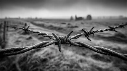 Close-up of rusted barbed wire in a field.