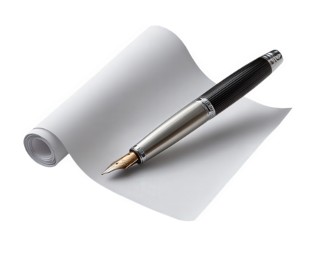 Fountain pen black ink silver paper writing stationery office classic elegant tool creativity isolated blank communication education smooth metallic luxury professional document note message