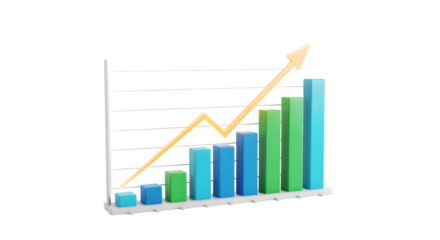 3D market analysis chart with glowing arrow, isolated on white background