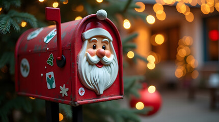 Santa Claus mailbox with Christmas lights. Festive holiday decoration outside.