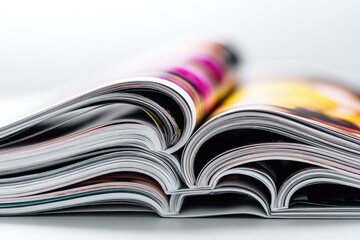 Close up view of stacked open magazines fanned out on a white surface.
