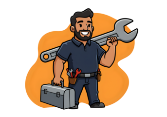 Mechanic Illustration of a Smiling Man with Wrench and Toolbox on Orange Background