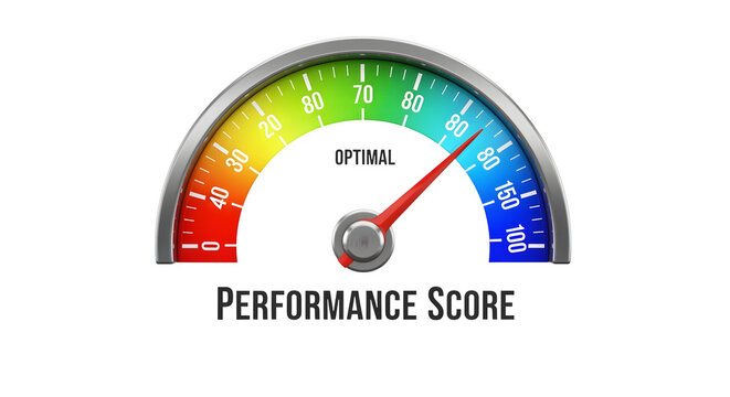 3D performance gauge chart with labels, isolated on white background