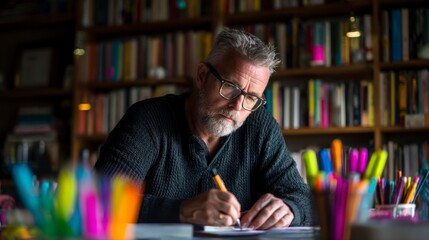 Mature Content Creator Reviewing Script in Creative Workspace