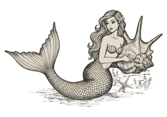 Mermaid Illustration with Shell Detailed Vintage Artwork on Transparent