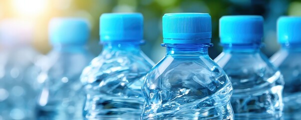 Close-up of plastic water bottles with blue caps, showcasing clarity and purity, set against a blurred green background.